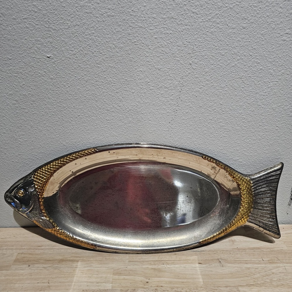 Vintage Silver Plated Asian Fish Platter w Gold Trim.  Used.   18" x 7.5"